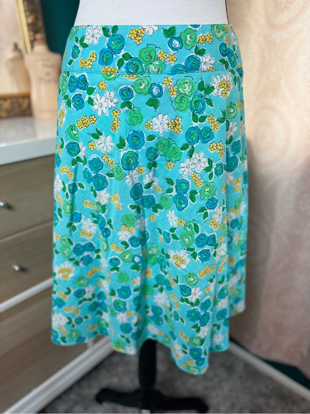 Vtg Y2K Nine West Aqua Blue Floral A-Line Skirt Knee-Length Cotton Skirt Size 2